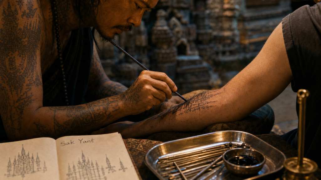Tatouage thaï Sak Yant, tatoueur handpoke sur avant-bras