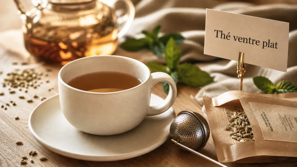 Thé pour ventre plat : tasse et plantes en infusion
