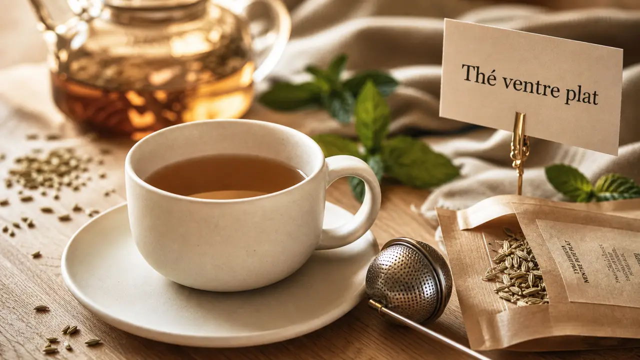 Thé pour ventre plat : tasse et plantes en infusion
