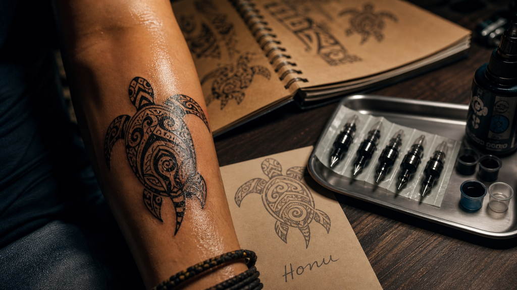 Tortue signification tatouage Honu en style polynésien