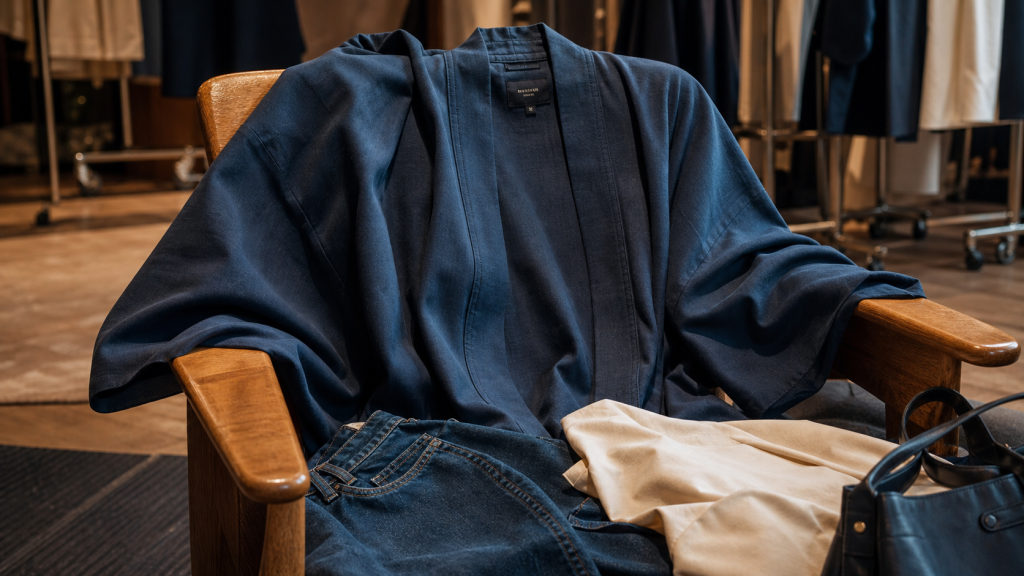 Veste kimono mi-longue en tencel, manches amples, détail des coutures