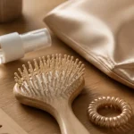 Accessoires cheveux bouclés : brosse, peigne, spray et taie satin pour protéger les boucles