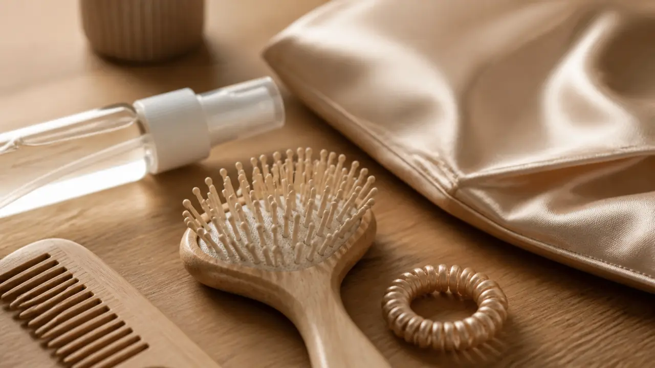 Accessoires cheveux bouclés : brosse, peigne, spray et taie satin pour protéger les boucles