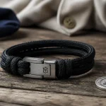 Bracelet en corde pour homme en paracorde noire, fermoir en acier brossé