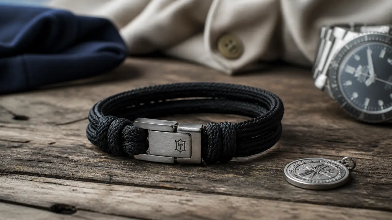 Bracelet en corde pour homme en paracorde noire, fermoir en acier brossé