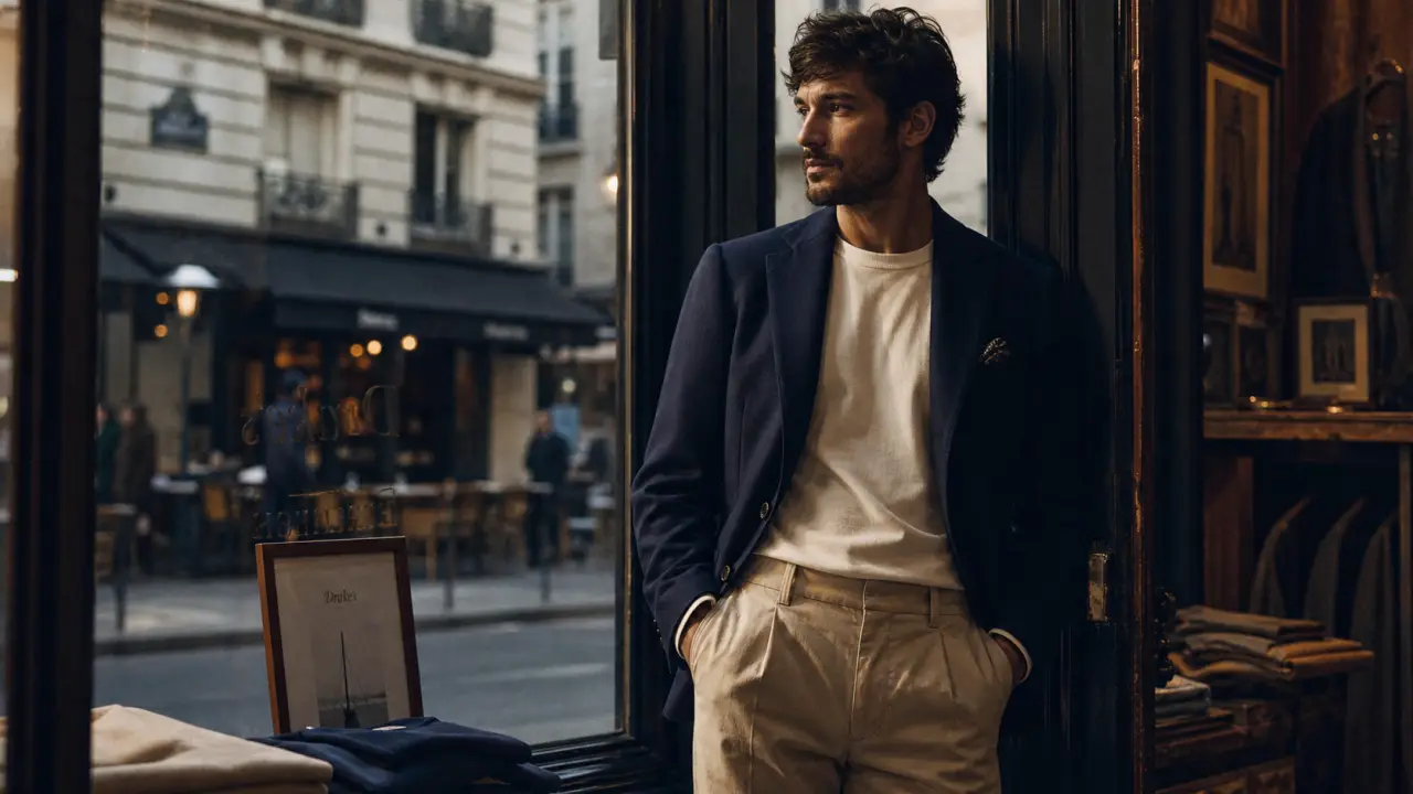 Casual chic homme : blazer marine, t-shirt écru, chino beige, mocassins marron
