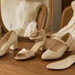 Chaussures de mariage : escarpin ivoire talon bloc, sandale à brides réglables, Mary Jane perlée