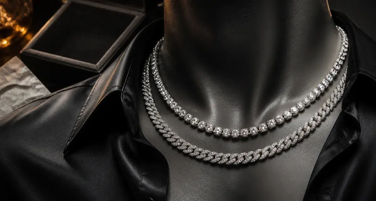 Collier en diamant pour homme en tennis, vue gros plan sur fond noir satiné