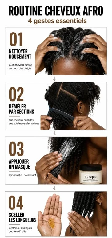 Soin pour les cheveux afro : routine capillaire en 4 étapes pour nettoyer, démêler, hydrater et sceller