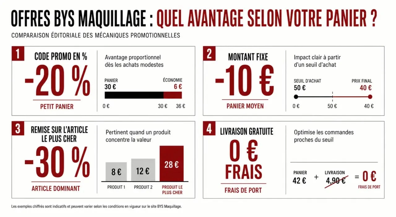 Comparatif visuel du code promo bys maquillage selon le type de panier