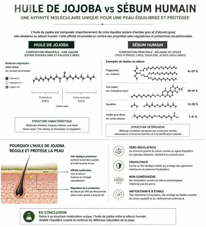 Infographie expliquant les bienfaits de l'huile de jojoba cheveux et sa structure proche du sébum