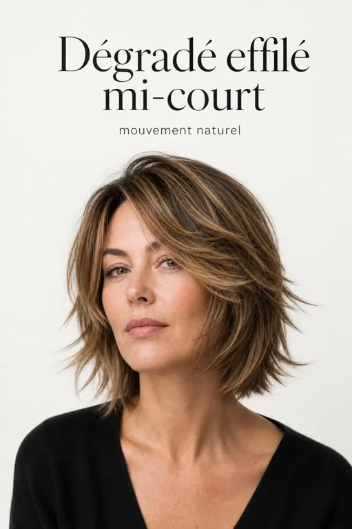 Coupe de cheveux femme dégradé effilé mi-court sur une femme adulte, avec mèches souples et volume léger