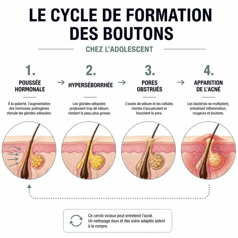 Schéma explicatif du cycle de formation de l'acné et soin visage ado