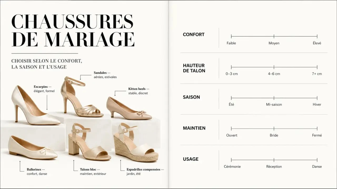 Chaussures de mariage : visuel comparatif des principaux modèles selon le confort, la hauteur de talon et la saison