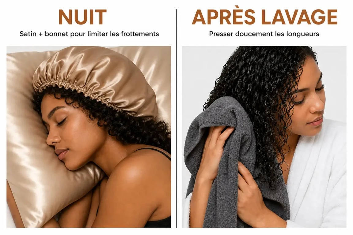 Accessoires cheveux bouclés : protection de nuit en satin et séchage doux en microfibre