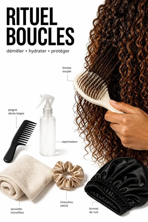 Accessoires cheveux bouclés : brosse démêlante, peigne large, vaporisateur et chouchou satiné en usage