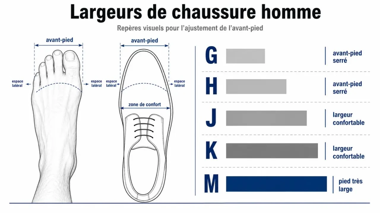 Chaussure pied large homme : échelle des largeurs G H J K M et repères de confort
