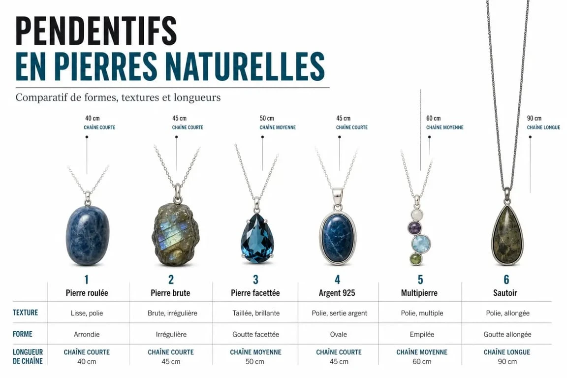 Pendentifs pierres naturelles comparés par forme, pierre et style de montage