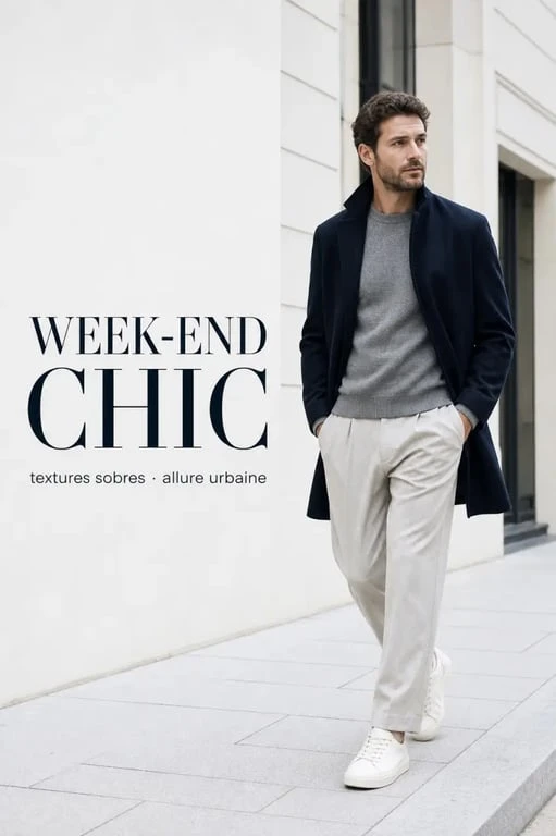 Casual chic homme le week-end avec pull fin gris, pantalon plissé souple et baskets minimalistes