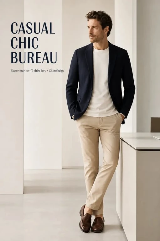 Casual chic homme au bureau avec blazer marine, t-shirt écru et chino beige