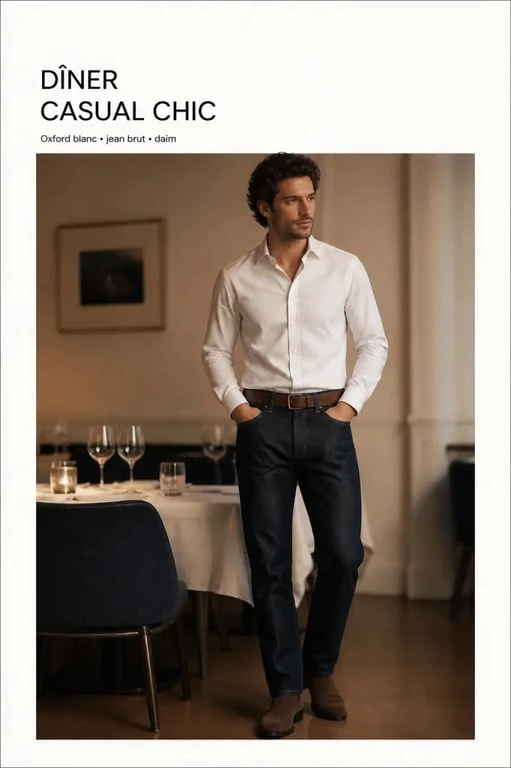 Casual chic homme pour un dîner avec chemise oxford blanche, jean brut et bottines en daim