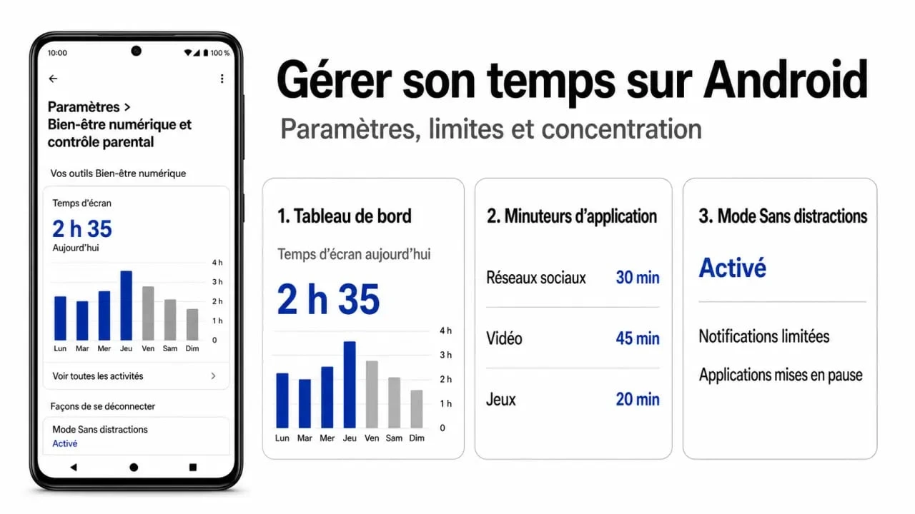 Bien être numérique Android : schéma du tableau de bord, des minuteurs d’application et du mode Sans distractions