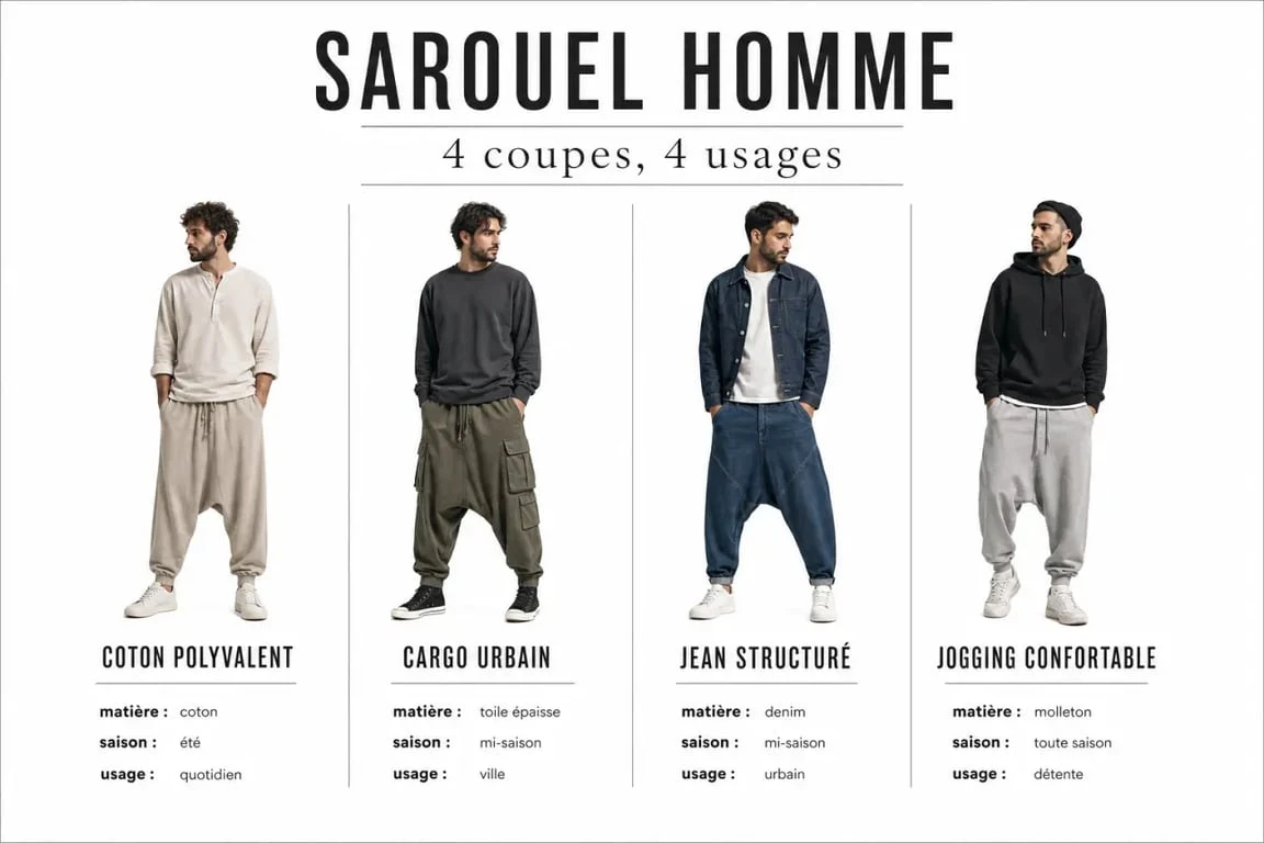 Sarouel homme : comparaison visuelle des principaux styles pour choisir selon la matière et l’usage