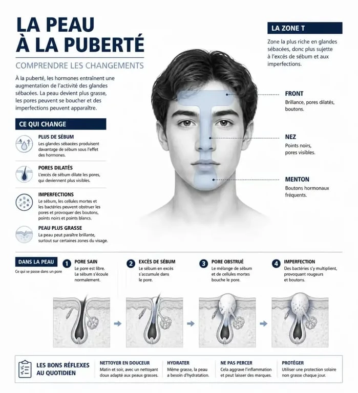 Schéma des changements de la peau à la puberté et soin visage enfant