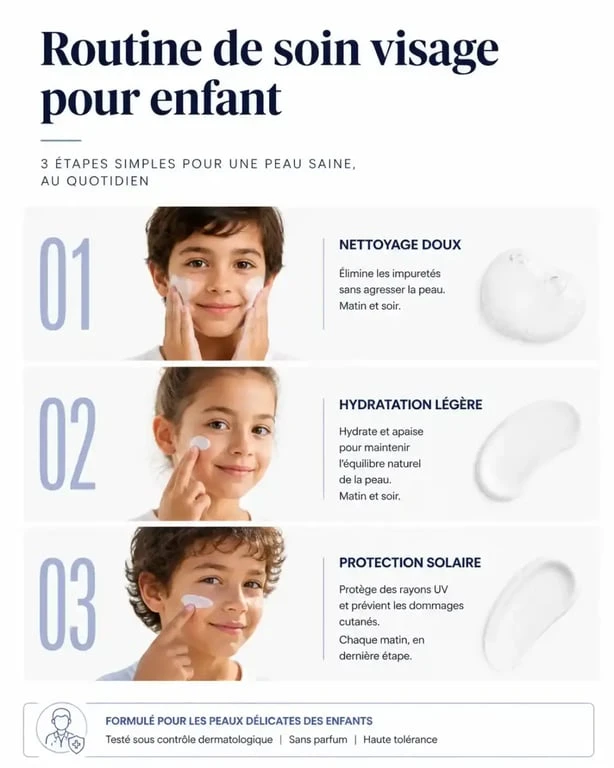 Routine de soin visage enfant en trois étapes : nettoyage, hydratation et protection solaire