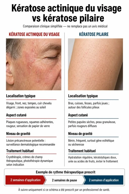 Crème pour kératose visage : comparaison entre kératose actinique et kératose pilaire avec schéma de traitement