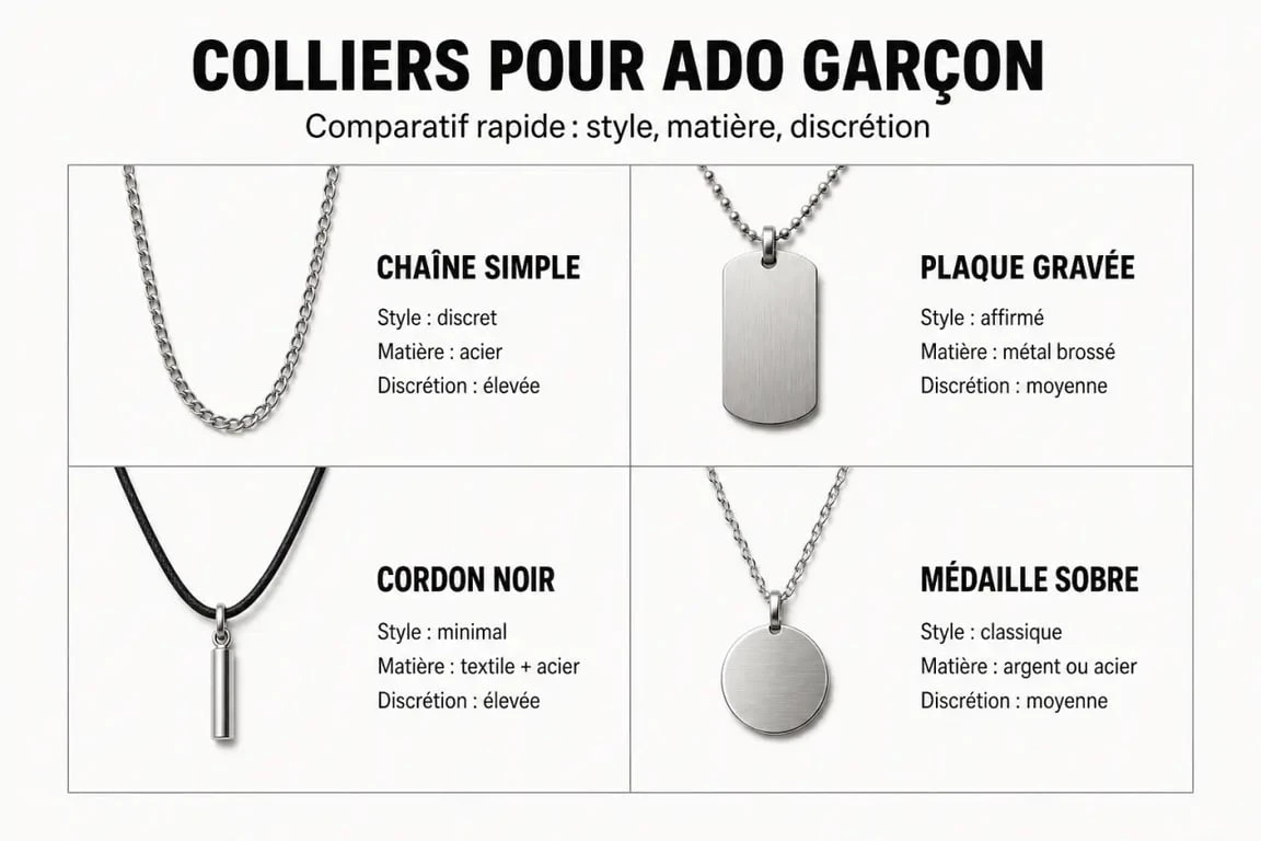 Comparatif visuel d’un collier pour ado garçon entre chaîne simple, plaque gravée, cordon noir et médaille sobre