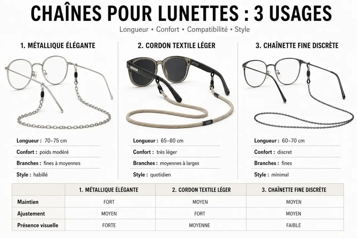 Chaîne pour lunette : comparatif visuel entre chaîne métallique, cordon textile et chaînette fine