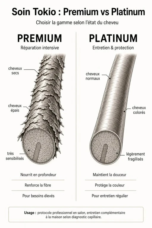 Comparatif du soin tokio cheveux entre Premium et Platinum, avec usages en salon et à la maison
