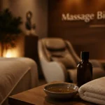 Inspiration bien être : huiles essentielles et serviette sur table de massage