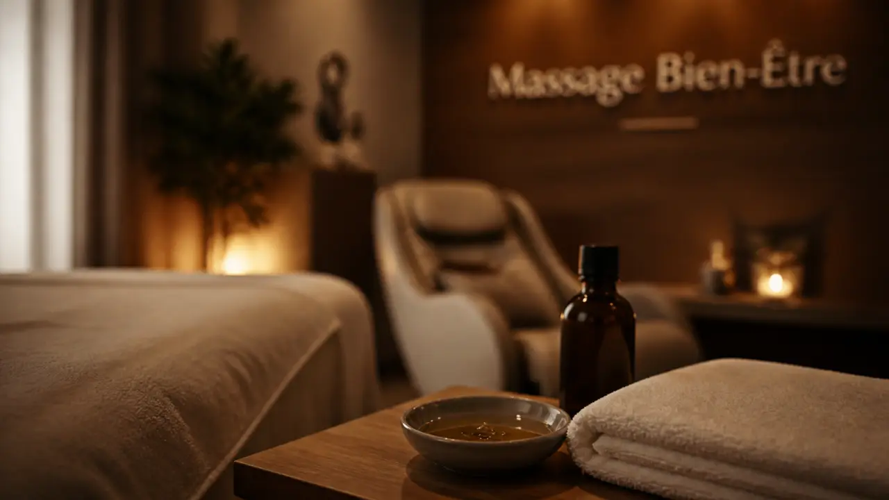 Inspiration bien être : huiles essentielles et serviette sur table de massage