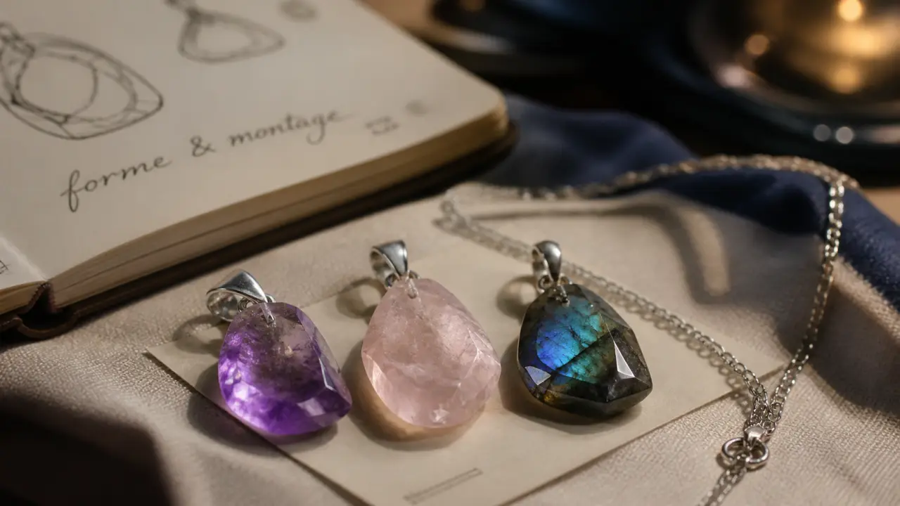 Pendentifs pierres naturelles : améthyste, quartz rose et labradorite, gros plan