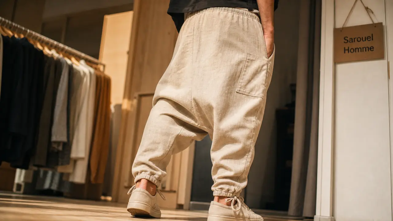 Sarouel homme en coton khadar beige : cordon et poches latérales