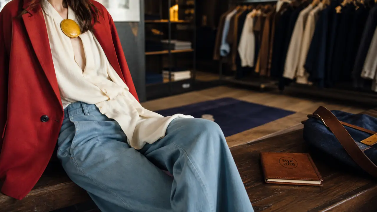 Style vestimentaire 2026 : robe fluide et blazer rouge, textures cuir et denim