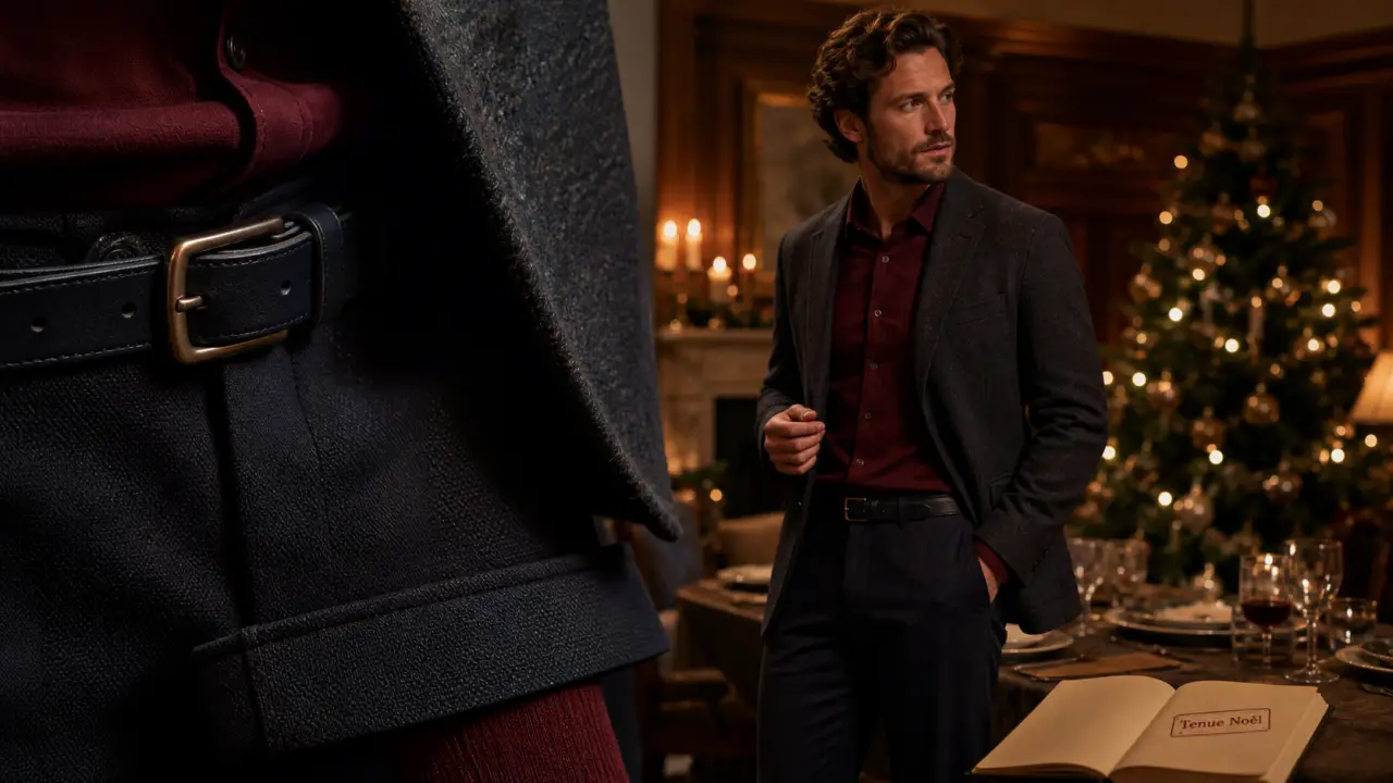 Tenue homme noel chic : blazer en laine, chemise bordeaux, pantalon chino foncé