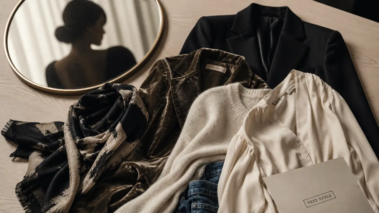 Test style vestimentaire : cinq pièces mode noir, crème et beige sur table en bois
