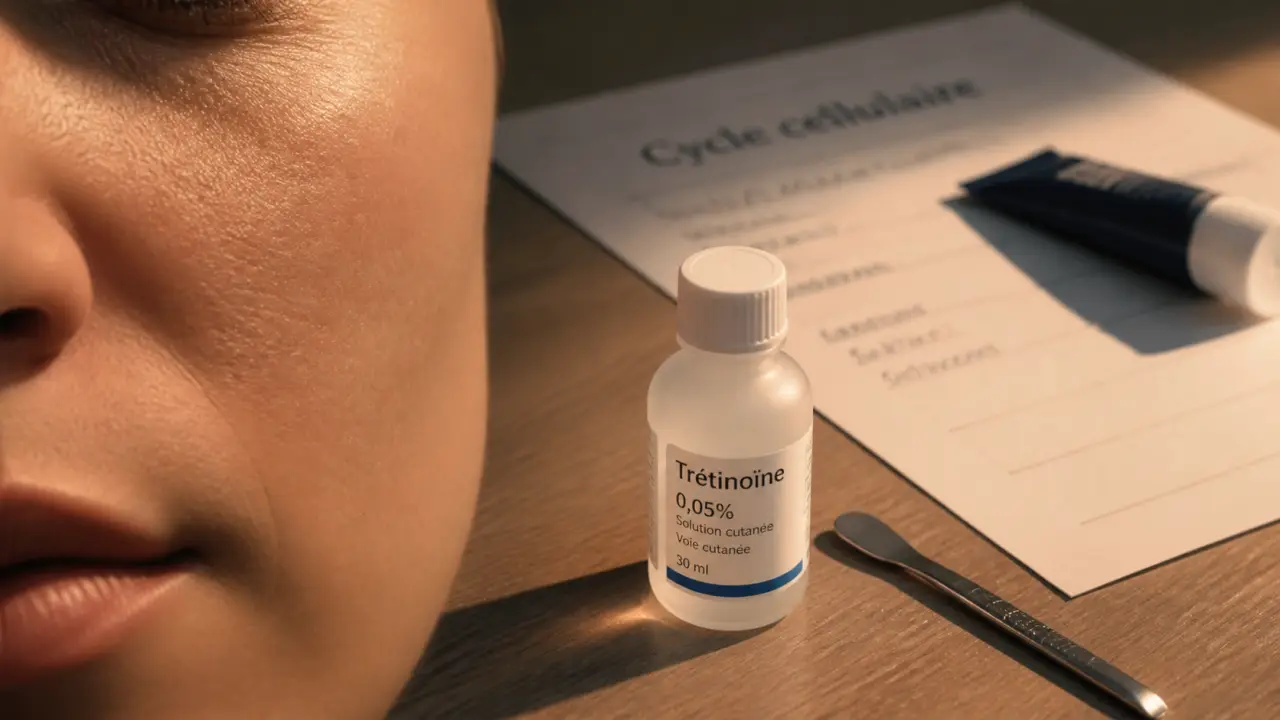 Trétinoïne crème visage : cycle cellulaire (photo flacon et peau)