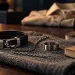 Bijoux fantaisie pour homme : bracelet cuir et acier, table noyer