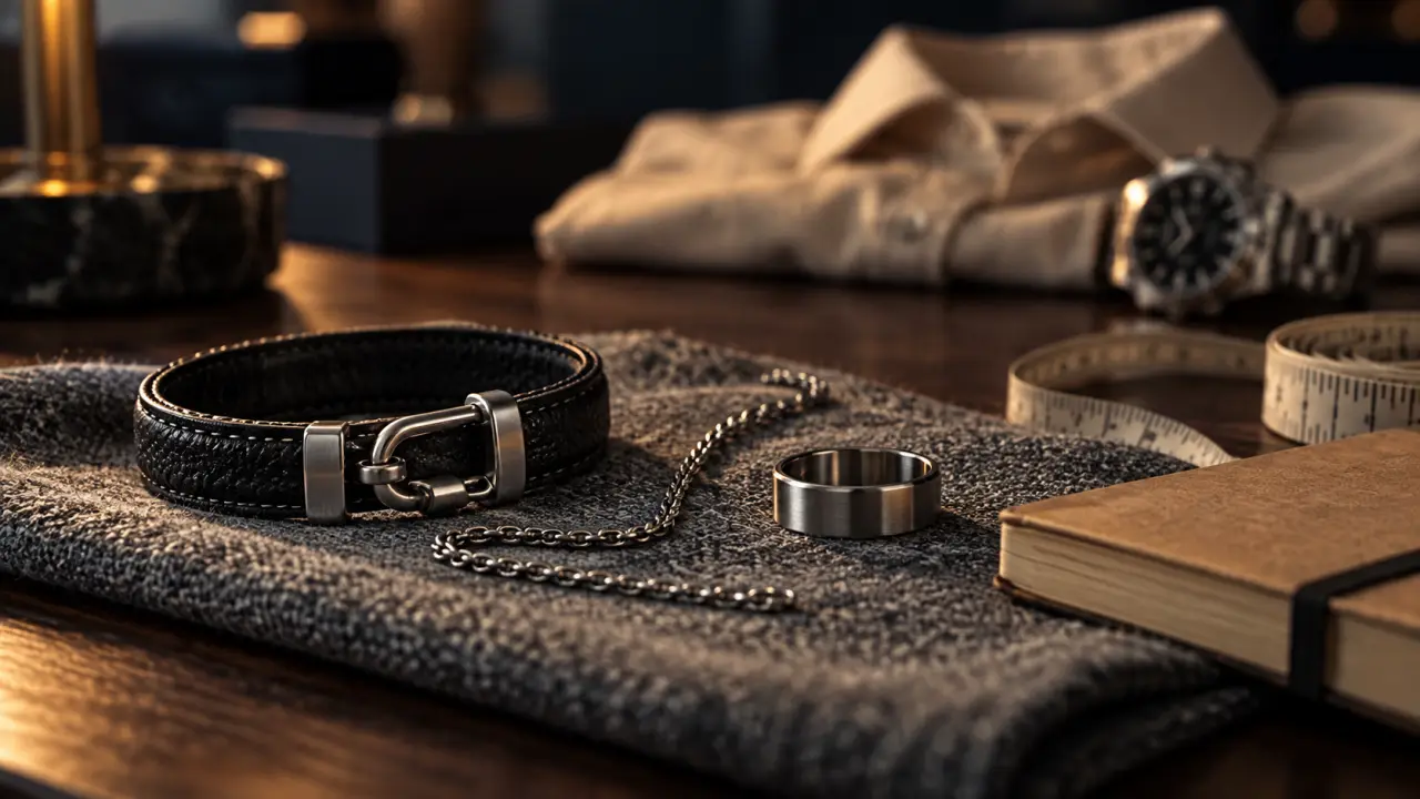 Bijoux fantaisie pour homme : bracelet cuir et acier, table noyer