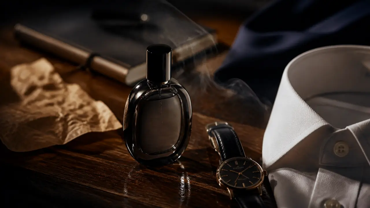 Boucheron parfum homme : flacon fumé sur table sombre