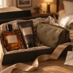 Coffret parfum homme pas cher sur table, coffret cadeau ouvert