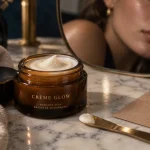 Crème glow visage sur table en marbre : teint lumineux