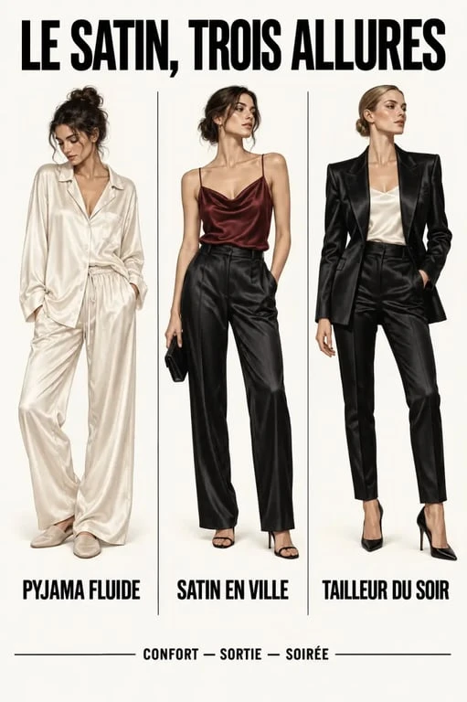 Trois styles de silhouette avec un ensemble satin : pyjama, tenue de sortie et tailleur