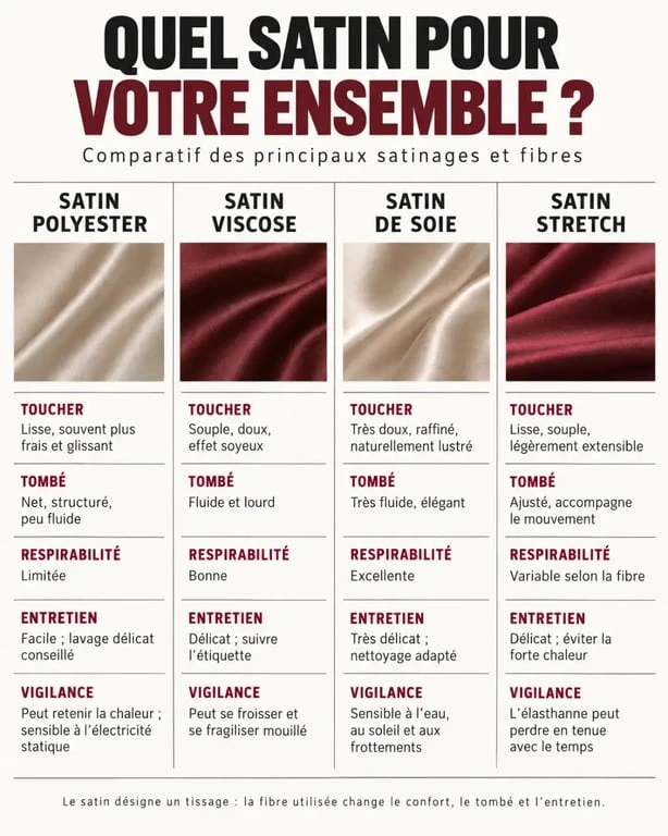 Infographie comparative des matières pour choisir un ensemble satin