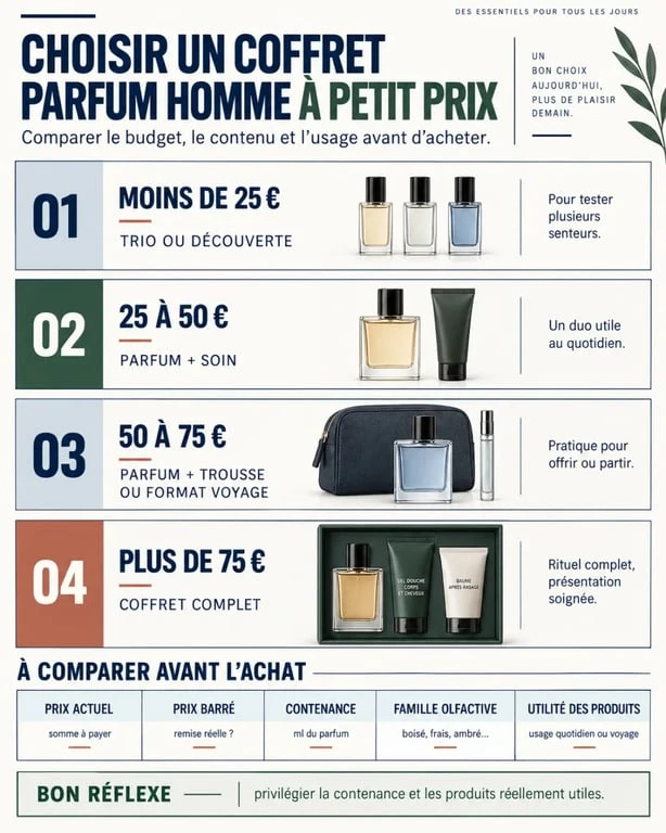 Infographie pour choisir un coffret parfum homme pas cher selon le budget et le contenu