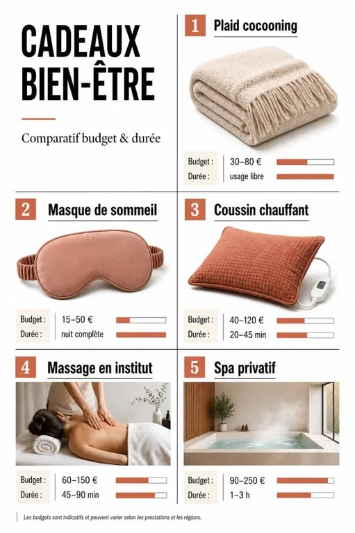 Cadeau bien être : comparatif visuel des idées cocooning, sommeil, massage et spa avec budgets